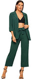 Women's 2 Piece Outfit Notched Neck 3/4 Sleeve Blazer and Wide Leg Belted Pants Set