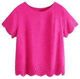 Women's Casual Round Neck Summer Short Sleeve Scallop T-Shirt Top Blouse