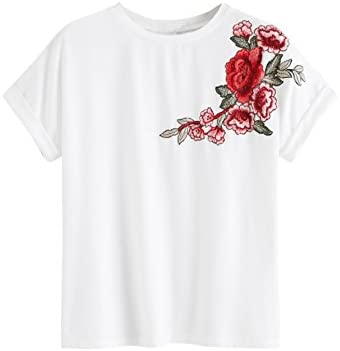 Women's Floral Embroidery Cuffed Short Sleeve Casual Tees T-Shirt Tops