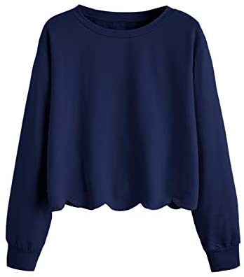 Women's Casual Long Sleeve Scalloped Hem Crop Tops Sweatshirt