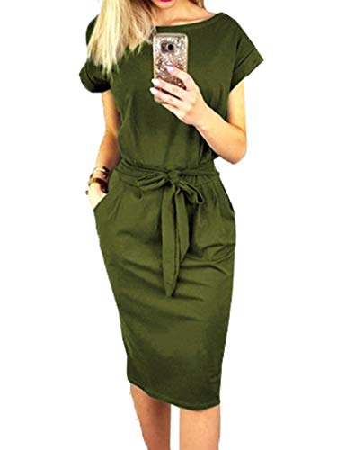 Short Sleeve Midi Shift Pencil Dress with Pocket Army Green
