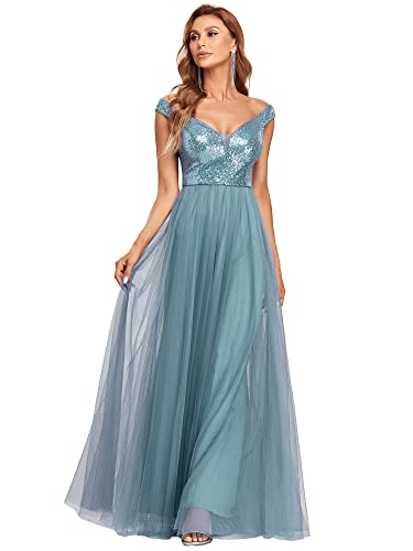 Women's Plus Size Off-Shoulder Glitter Long Evening Dress for Party Demin Blue US4