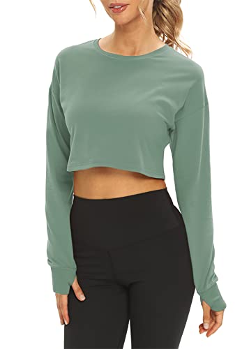 Mippo Workout Shirts for Women Cropped Long Sleeve Tops Loose Crop Tops Yoga Clothing Athletic Active Wear Hiking Outfit Cropped Sweatshirts for Women Apricot S