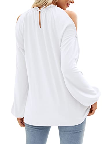 Cold Shoulder Tops for Women Sexy Casual Elegant Frill Neck Blouses Shirts Solid White
