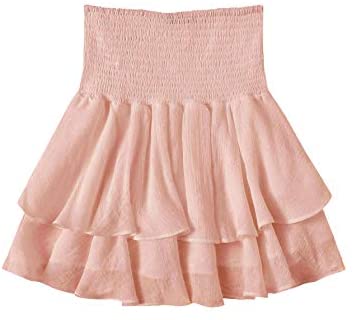 Women's Solid Shirred High Waist Layered Ruffle Hem Flared Mini Skirt