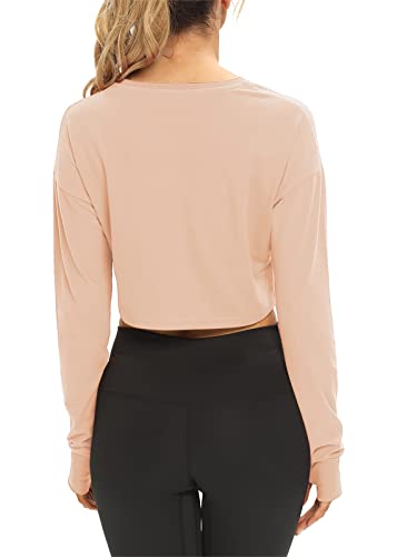 Workout Shirts for Women Cropped Long Sleeve Tops Loose Crop  Sweatshirts for Women Apricot