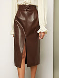 SweatyRocks Women's Elegant High Waist Tie Knot Wrap PU Leather Midi Skirt Brown S
