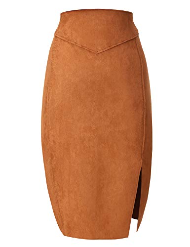 Bellivera Women Faux Suede Leather Pencil Skirt, Spring Fall Casual Midi Skirts Spring and Summer Hip Wrapped Back Split FF21 Camel L