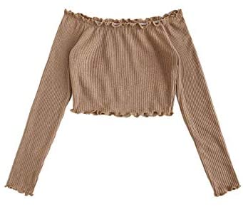 Women's Off Shoulder Long Sleeve Tshirts Frill Rib-Knit Plain Crop Tee Top