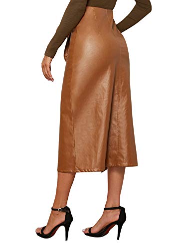 SweatyRocks Women's Elegant High Waist Tie Knot Wrap PU Leather Midi Skirt Brown S