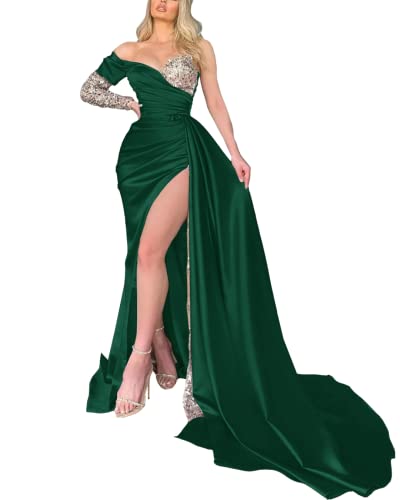 One Sleeve Sequin Strapless Prom Dresses Long Ruched Pleated Slit Even –  Divahotcouture