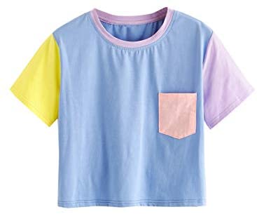 Women's Casual Colorblock Short Sleeve Pocket Summer Crop Tops Tshirt Tee