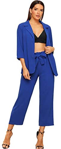 Women's 2 Piece Outfit Notched Neck 3/4 Sleeve Blazer and Wide Leg Belted Pants Set