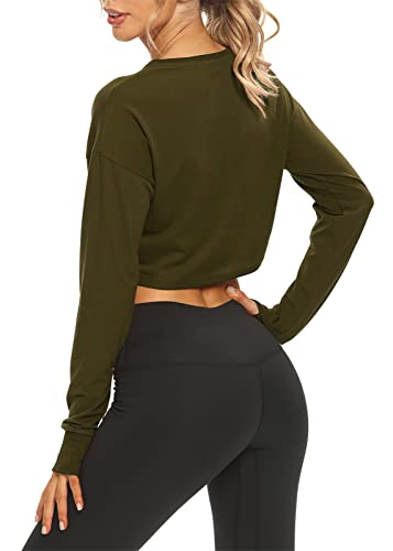 Mippo Workout Shirts for Women Cropped Long Sleeve Tops Loose Crop Tops Yoga Clothing Athletic Active Wear Hiking Outfit Cropped Sweatshirts for Women Apricot S