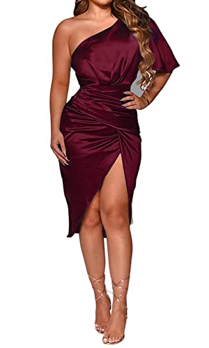 Womens Sexy One Shoulder Ruched Asymmetrical Party Evening Satin Bodycon Mini Dress