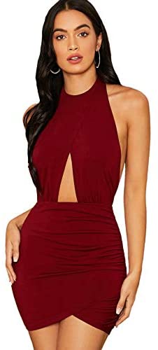 Women's Sexy Halter Ruched Bodycon Backless Wrap Party Cocktail Mini Dress