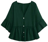 Women's Plus Size 3/4 Sleeve Button V Neck Ruffle Peplum Tops Blouse Shirt
