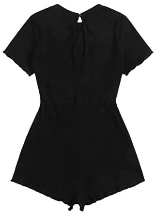 Women's Short Sleeve Round Neck Frill Jumpsuit Rib-Knit Tie Waist Romper