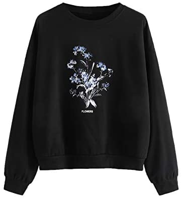 Women's Casual Floral Letter Print Long Sleeve Loose Sweatshirt Pullover