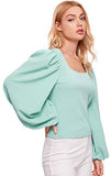Women's Long Puff Sleeve Square Neck Slim Fit Crop Tops Blouse Sweatshirt New Green