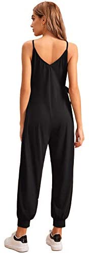Women's Casual V Neck Sleeveless Tie Side Harem Leg Cami Jumpsuit