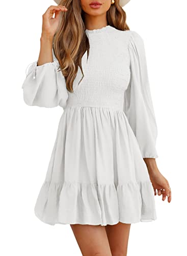 Womens Smocked Ruffle Hem A-Line Mini Dress Drawstring Puff Sleeve Solid Color Casual Flowy Fall Long Sleeve Dresses for Women 2022