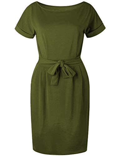 Short Sleeve Midi Shift Pencil Dress with Pocket Army Green – Divahotcouture