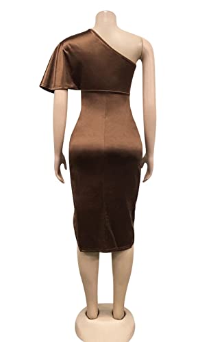 Womens Sexy One Shoulder Ruched Asymmetrical Party Evening Satin Bodycon Mini Dress X-Large Rust Brown