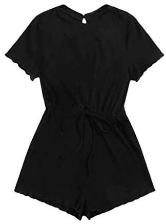 Women's Short Sleeve Round Neck Frill Jumpsuit Rib-Knit Tie Waist Romper