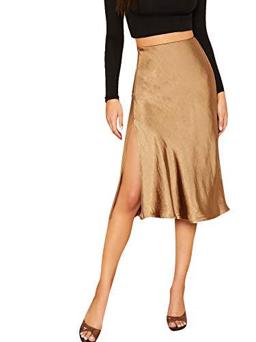 Women's Party Sexy Satin Split Side Basic Zipper High Waist Midi Skirt Medium Goldish Brown