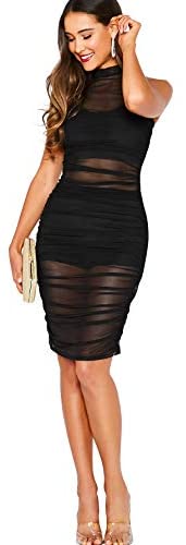 Women's Sleeveless Mesh Sheer Bodycon Overlay Club Party Ruched Tank Dress
