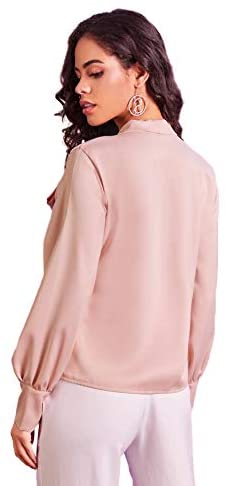 Women's Long Sleeve Tie Neck Shirt Satin Solid Pullover Work Blouse Top