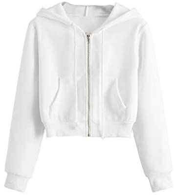 Women's Crop Zip Up Pocket Drawstring Basic Zipper Hooded Sweatshirt