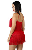 Womens Sexy 2 Piece Outfits Sleeveless Crop Top Feather Tassels Bodycon Mini Dress Outfits Clubwear RED