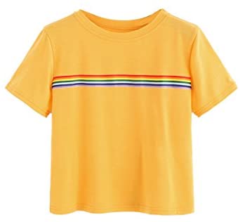Women's Summer Rainbow Color Block Striped Crop Top School Girl Teen Tshirts