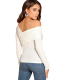 Women's Slim Cross Wrap Asymmetrical Neck Solid Ribbed Knit Tee Shirt Blouse White