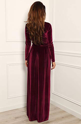 Women Elegant Velvet Dress Evening Party Long Maxi Dress Burgundy Small