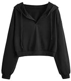 Women's Casual Long Sleeve Hoodies Pullover V Neck Crop Sweatshirt Black