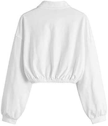 Women's Crop Zip Placket Front Basic Collar Pullover Sweatshirt Butterfly White