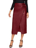 SweatyRocks Women's Elegant High Waist Tie Knot Wrap PU Leather Midi Skirt Brown S