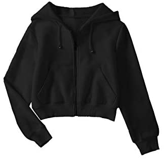 Women's Crop Zip Up Drawstring Pocket Basic Zipper Hooded Sweatshirt