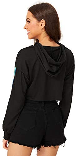 Women's Casual Striped Long Sleeve Raw Hem Pullover Crop Sweatshirt Hooded Top