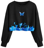 Women's Butterfly Print Crop Sweatshirt Crew Neck Casual Pullover Tops