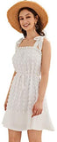 Women's Sleeveless Spaghetti Strap Polka Dot Frill Belted Knotted Summer Cami Dress White