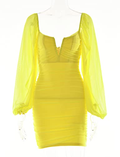 see through yellow dress Women Sexy Bodycon Dresses See-Through Sheer Mesh Ruched Bodycon Party – Divahotcouture