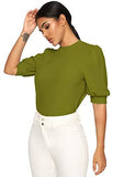 Puff Sleeve Casual Solid Top Pullover Keyhole Back Blouse Green