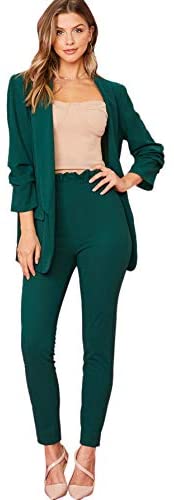 Women's Two Piece Plaid Open Front Long Sleeve Blazer and Elastic Waist Pant Set Suit