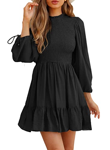 Danceemangoo Big Puff Sleeve Cotton Dress Women Pleated Casual Dress Summer Autumn Ladies A-Line Solid Mini Dresses Elegant, Adult Unisex, Size