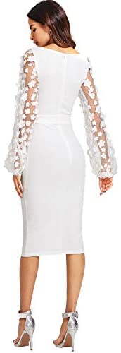 Women's Elegant Mesh Contrast Bishop Sleeve Bodycon Pencil Dress