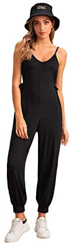 Women's Casual V Neck Sleeveless Tie Side Harem Leg Cami Jumpsuit